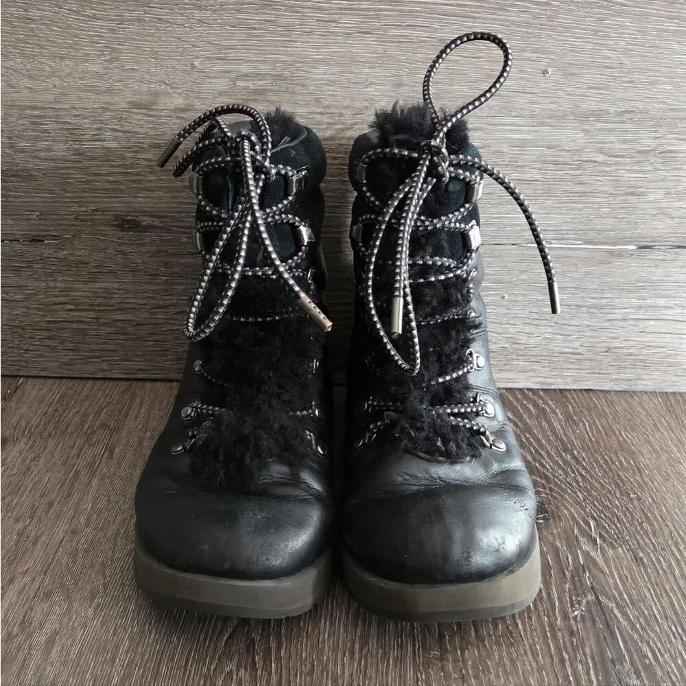 Ugg Viki  Sheepskin Waterproof Boots Women 6 Black Leather Shearling Vibram Sole